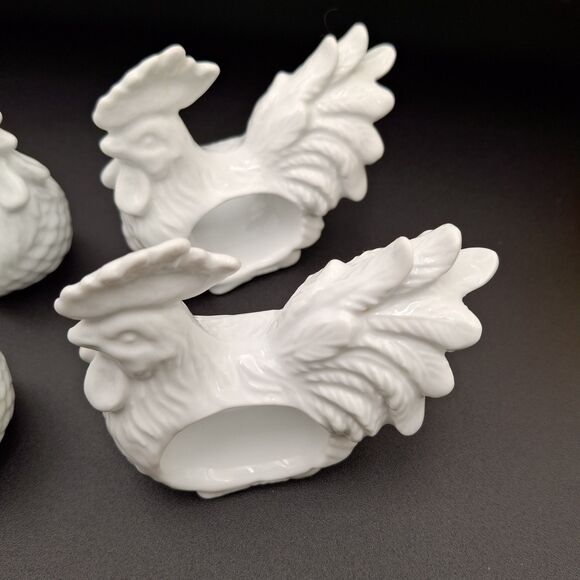 Unique Rooster Large Comb Large Plummage Napkin Rings White Porcelain Set Of 4 - Picture 4 of 13